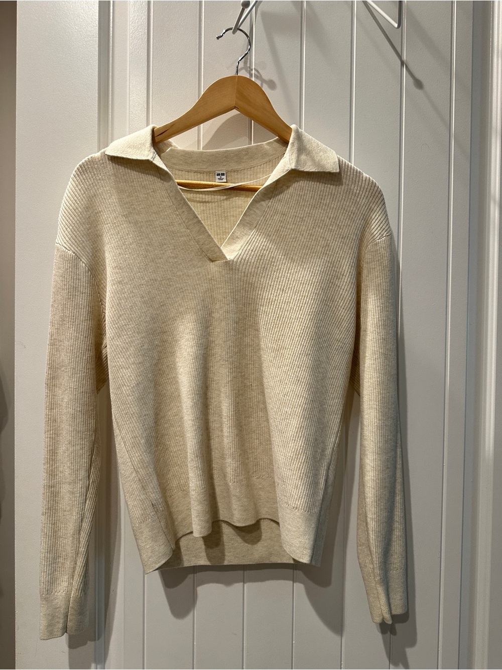 Uniqlo Cream Ribbed V-Neck Collared Sweater